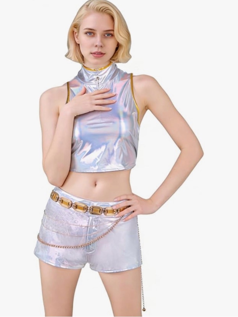 Holographic Silver Crop Top & Shorts Set costume role play. Small